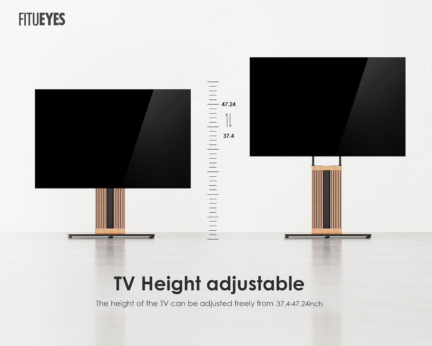 FITUEYES Zen Series Floor TV Stand for 55–88 Inch TVs, Black & Light Wood, Hidden Storage