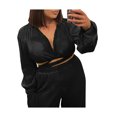 thumbnail image 5 of Biekopu Women Casual Suit, Long Sleeve Solid Color Bandage Crop Tops+Wide Leg Loose Long Pants, 5 of 6