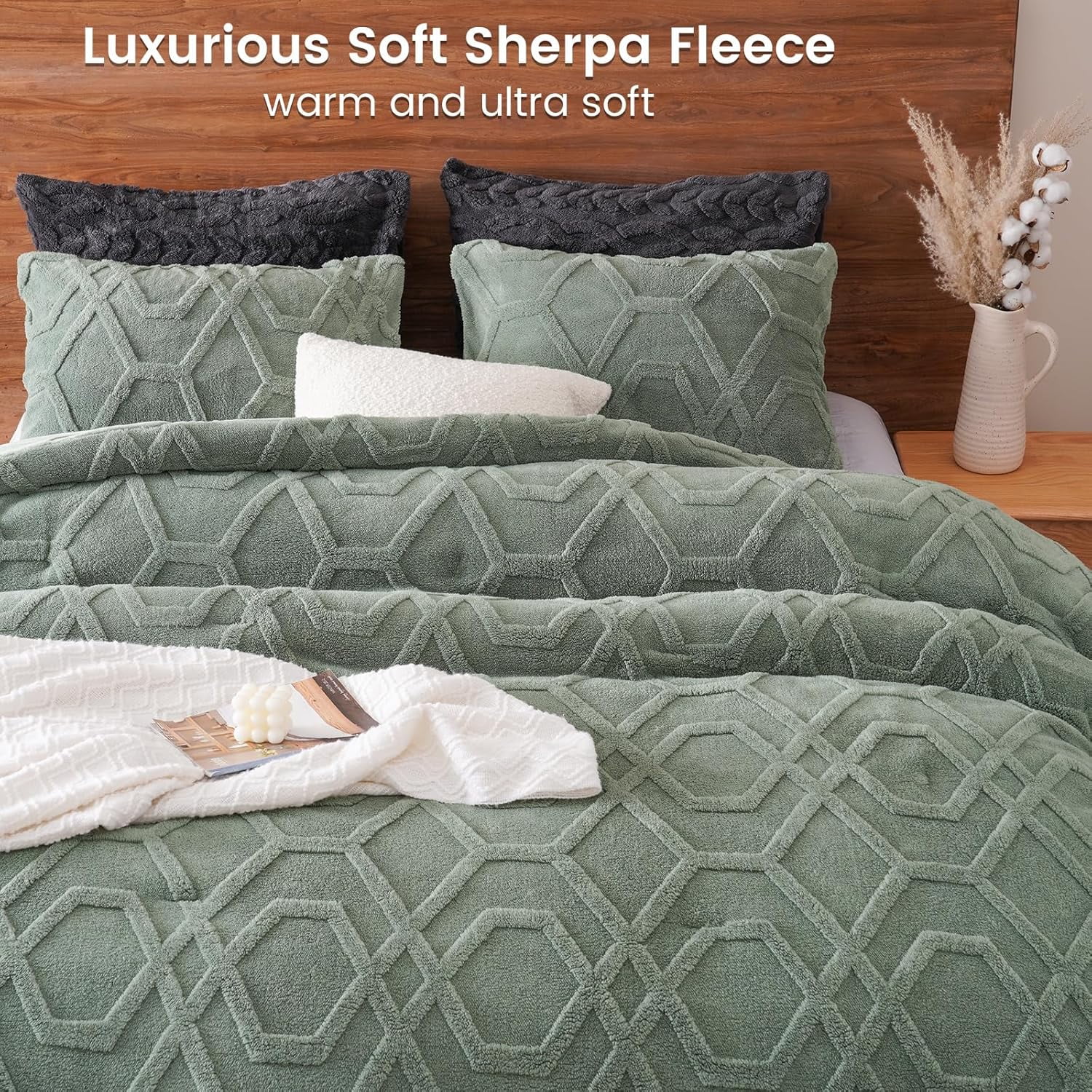 PHF Warm Sherpa Fleece Twin Comforter Set, 3D Tufted Fluffy Sage Green Bedding for Winter, Soft 2 Pieces Shaggy Bed Set, 1 Comforter (68"x90") and 1 Pillowcase (20"x26")