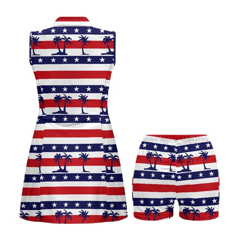COEQINE Blue and Red Stripes Star Coconut Palm Print Golf Dresses for Women  Sleeveless Quick Dry Exercise Dresses with Shorts 2 Pockets Washable 2  Pieces Athletic Outfits, M - Walmart.com
