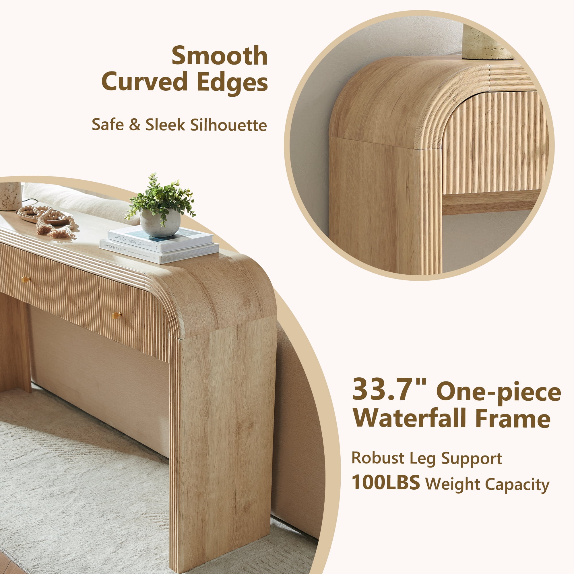 KeyWhat 63" Modern Fluted Console Table with 3 Drawers, Curved Edges & Anti-Tip Safety Kit