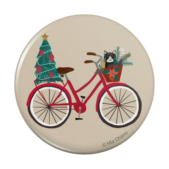 Christmas Bicycle Bike and Cat in Basket Pinback Button Pin