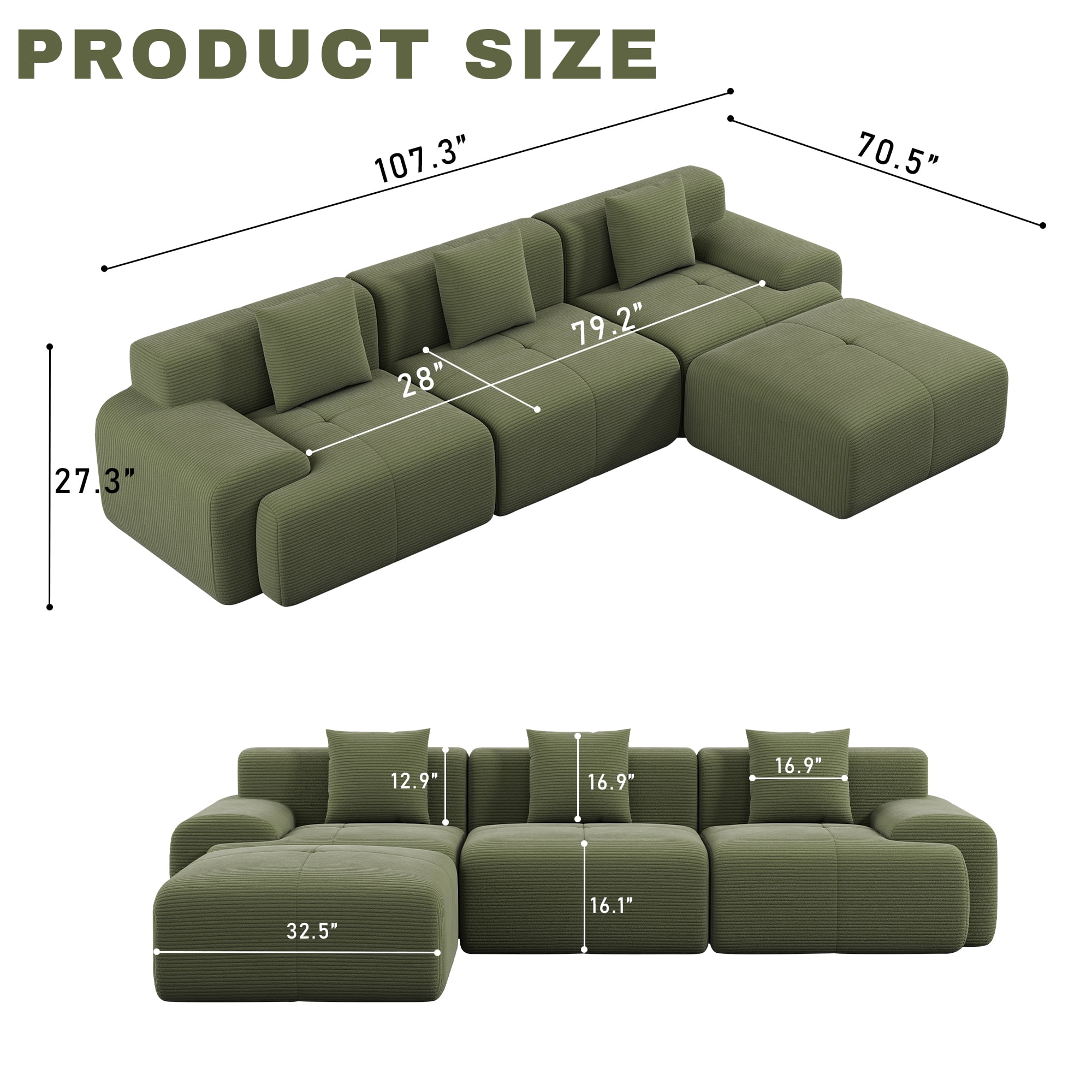 GAOHAPY 107"Modern L Shaped Modular Sectional Sofa, Oversized Corduroy Couch Deep Seat, Boneless Cloud Couch with Ottoman, 30D Sponge for Indoor Living Room, No Assembly Required(Green)