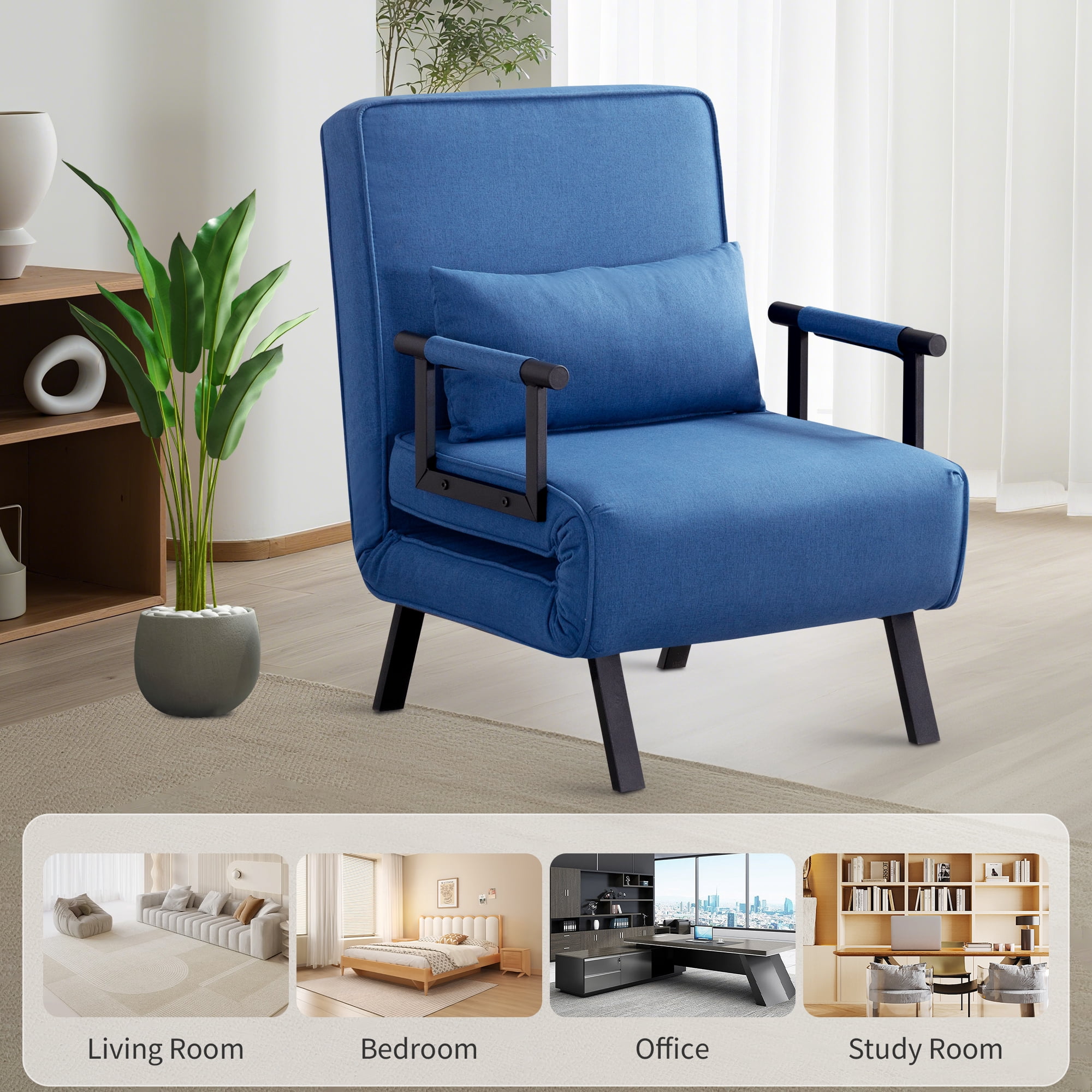 Aukfa Comfy Mini Sofa Adjustable Backrest Chaise Lounger Convertible Sofa Chair Bed w/ &Pillow, Blue