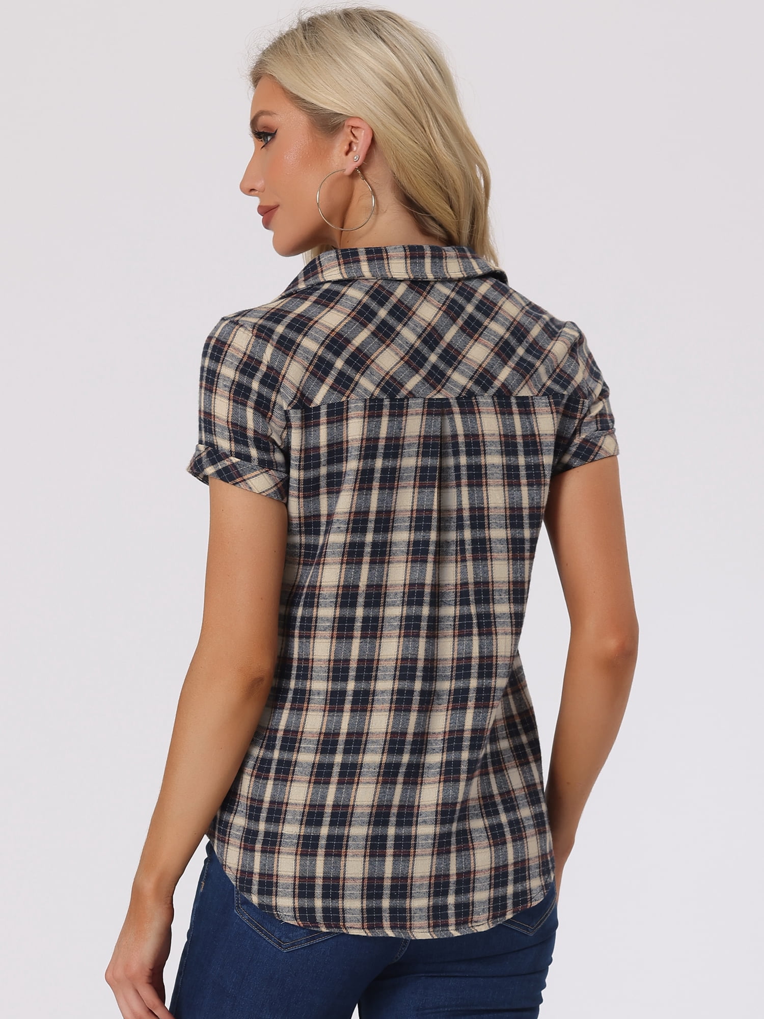 DARING DIVA Women's Casual Boyfriend Plaid Button Down Flannel Shirt L White Dark Blue
