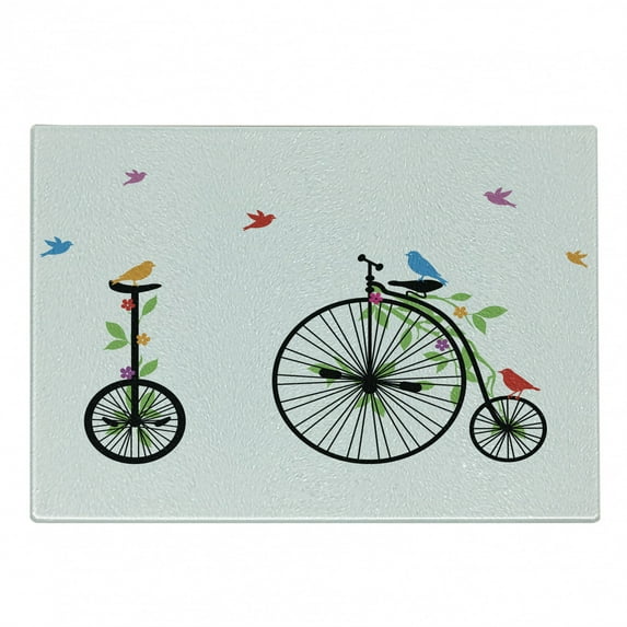 Bicycle Cutting Board, Flying Birds and Flowers on Old Single Wheel Bikes Happiness and Joy Pedals Graphic, Decorative Tempered Glass Cutting and Serving Board, Small Size, Multicolor, by Ambesonne