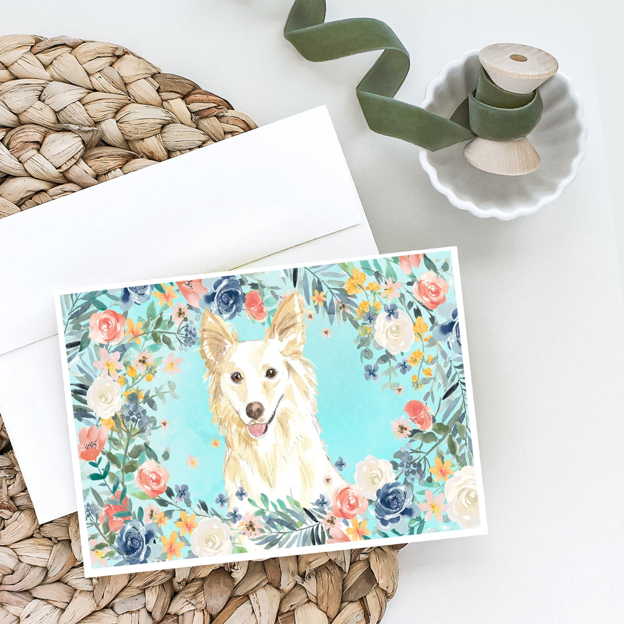 White Collie Greeting Cards and Envelopes Pack of 8