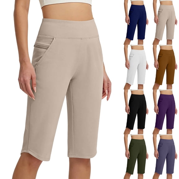 Tqcoqu Womens Capri Pants High Waisted Straight Leg Yoga Leggings with Pockets Workout Summer Pants,Army Green,Women's S-XXXL