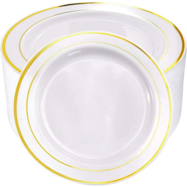 60pcs assiettes en plastique doré, assiettes à dîner à bords dorés de 10,25  pouces, assiettes jetables blanches pour les fêtes ou les mariages 