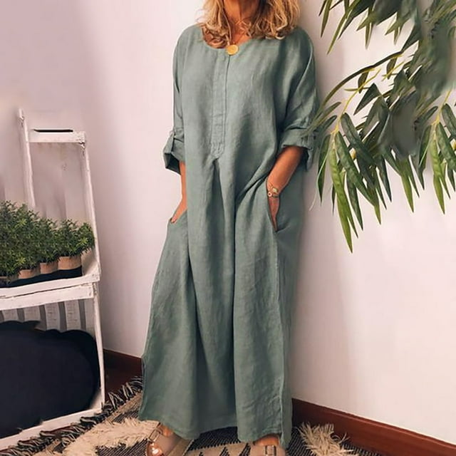 CHUANK Liquidation d'Automne Mode Femmes Été Décontractée Manches Longues Col Rond Robe Longue en Lin Uni