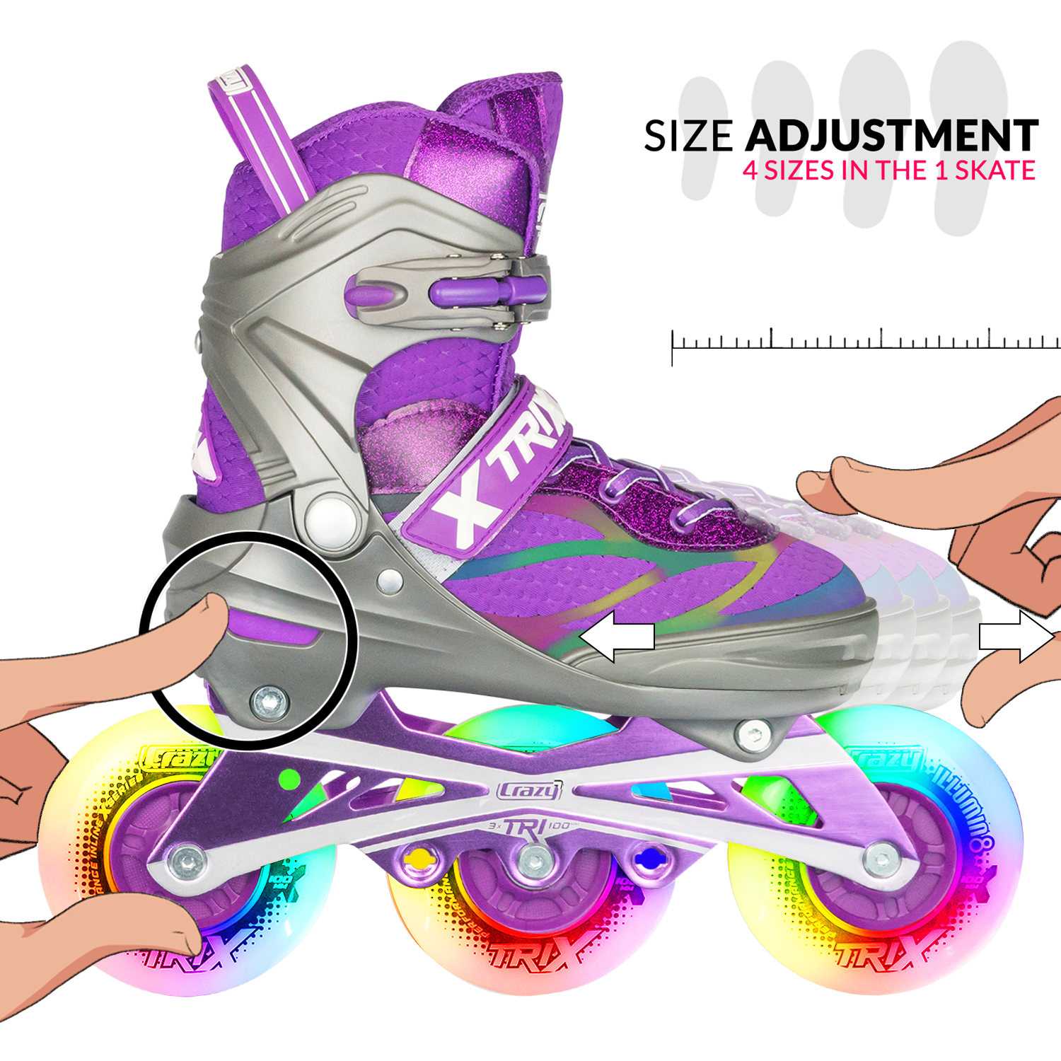 Crazy Skates Trix Size Adjustable Inline Skates with Light Up Wheels - Available with 3 or 4 wheels
