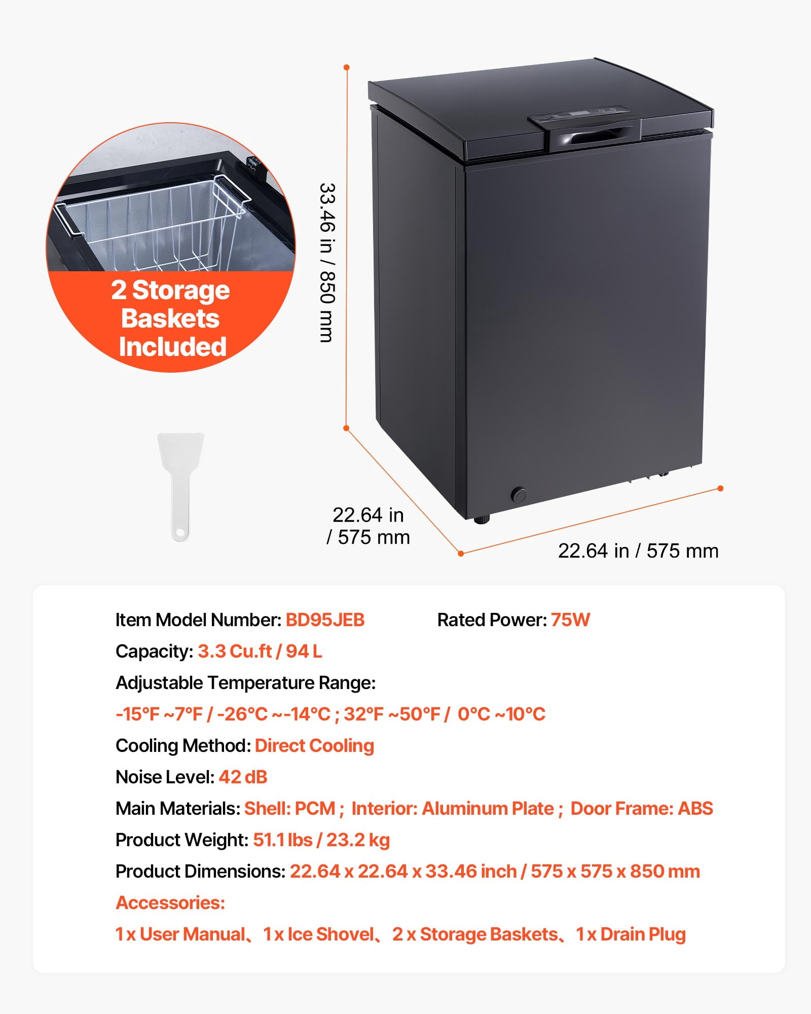 VEVOR Chest Freezer, 3.3 Cu.ft Compact Deep Freezer, Free Standing Top Open Door Chest Freezers with 2 Removable Baskets & Adjustable Thermostat - Energy Saving, Low Noise & Garage Ready, Black