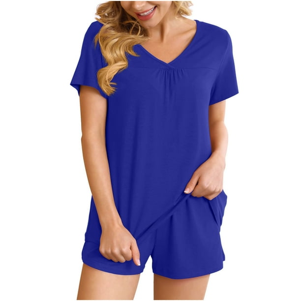 ICHUANYI Clearance 2PC Women's V Neck Shorts Sleeve Two-piece Comfortable Home Pajamas Set Sports Set(Blue, L) ICHUANYI WER2023081016275