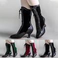 thumbnail image 5 of Oyedens Kitten Heels Combat Boots for Women Vintage Gothic Leather Lace up Mid Calf Riding Boots, 5 of 6