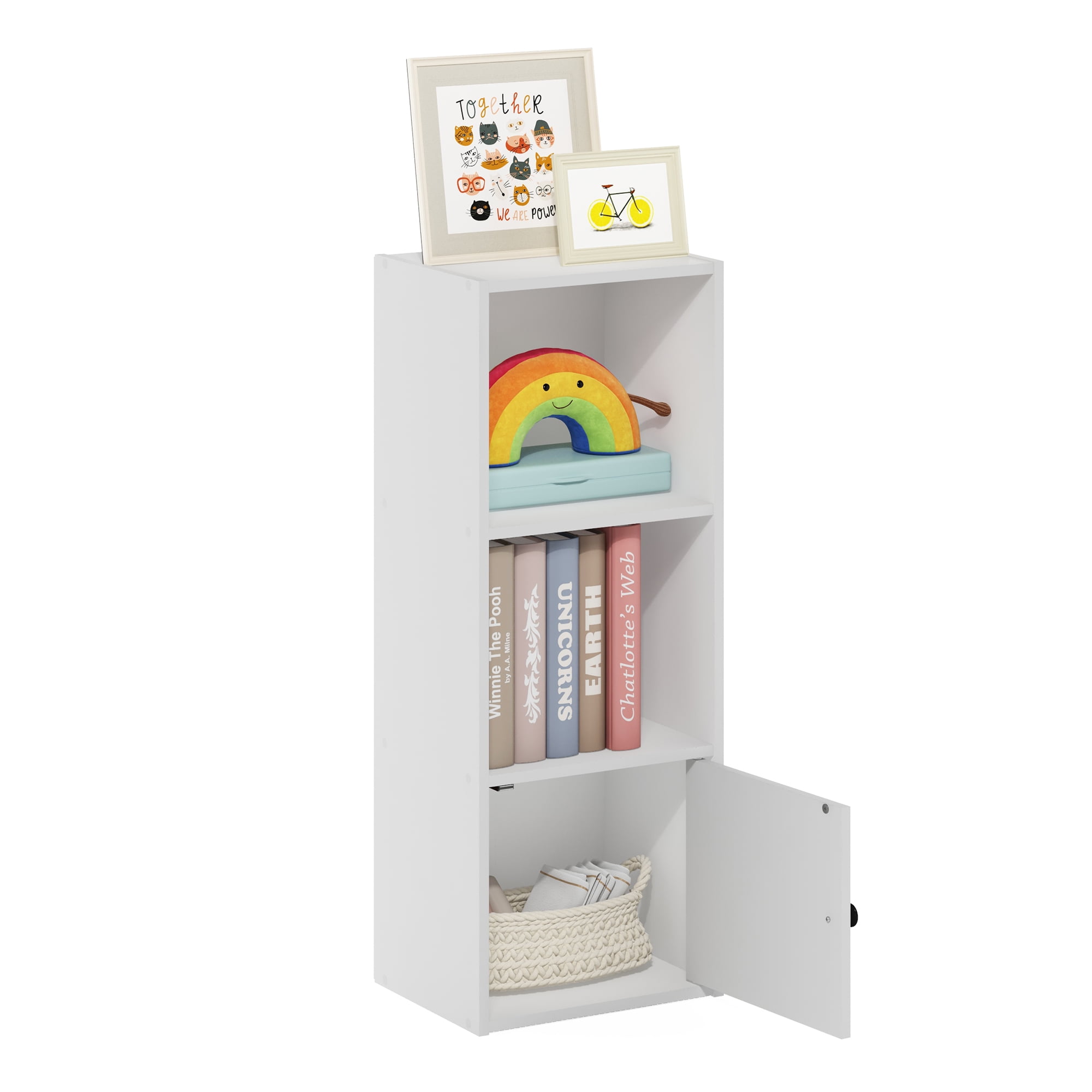 Furinno Luder 3-Tier Shelf Bookcase with 1 Door Storage Cabinet, White