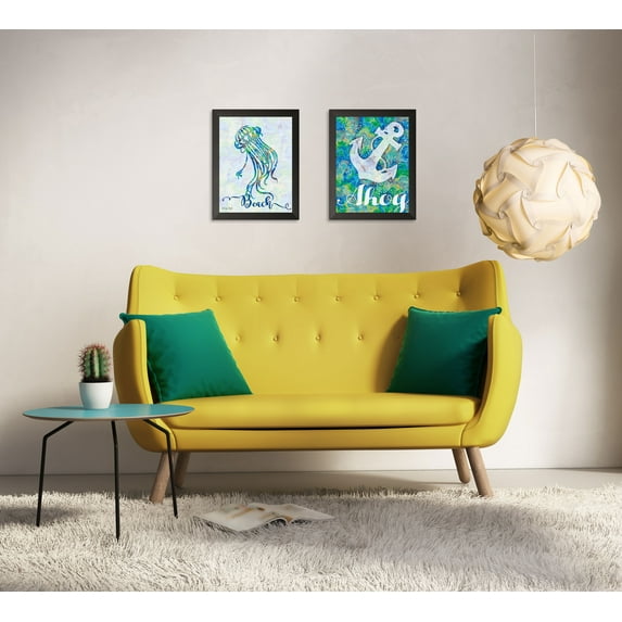Gango Home Decor Coastal Anchor & Jellyfish Wall Art; Two Blue 12x16in Art Prints in Black Frames