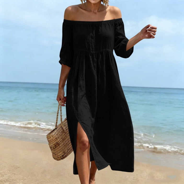 three quarter sleeve fit and flare dress 24seven Comfort Apparel Womens Scoop Neck Three Quarter Sleeve Fit N Flare Mini Dress