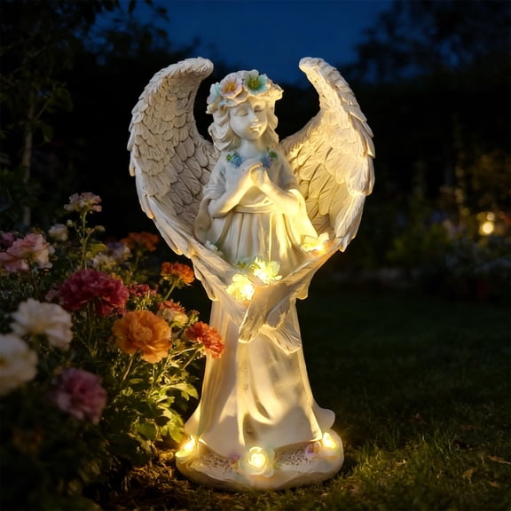 Solar Angel Garden Statue with Solar Lights, Praying Angel Figurine Outdoor Waterproof Resin Sculpture for Garden Yard Lawn Grave Cemetery Decor, Gift for Mom Grandma Women