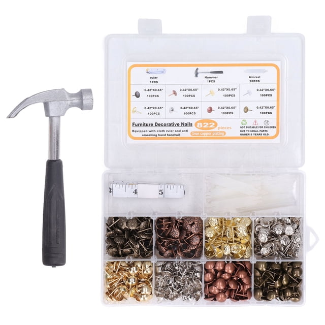 822 piezas de tachuelas para tapicería, 8 colores, de acero al carbono, para muebles, con regla de tela y soporte para martillo.