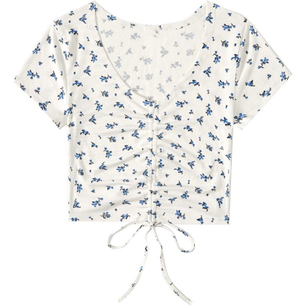 Blusa corta de manga corta con cuello en V y cordón frontal para mujer Azul M Azul M Xishao ropa