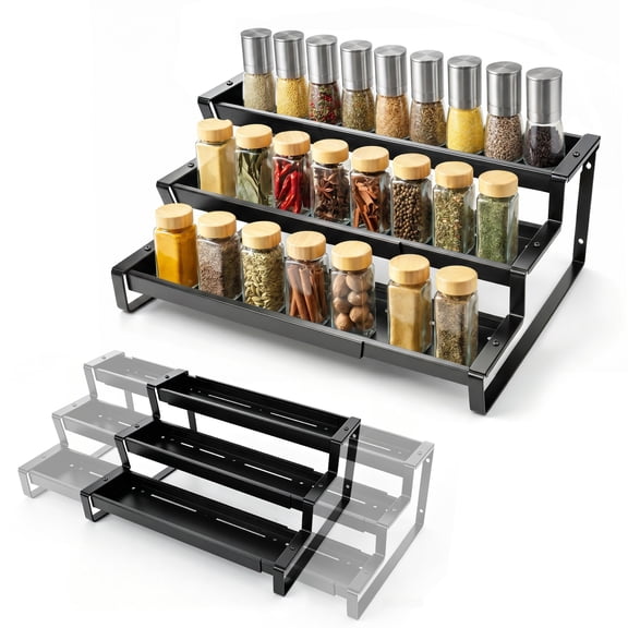 BUSATIA 3-Tier Spice Rack Organizer, 14.5"-26.2" Expandable Spice Organization Shelf,Kitchen Counter Storage Shelves for Condiments, Oils, Cans, Jars