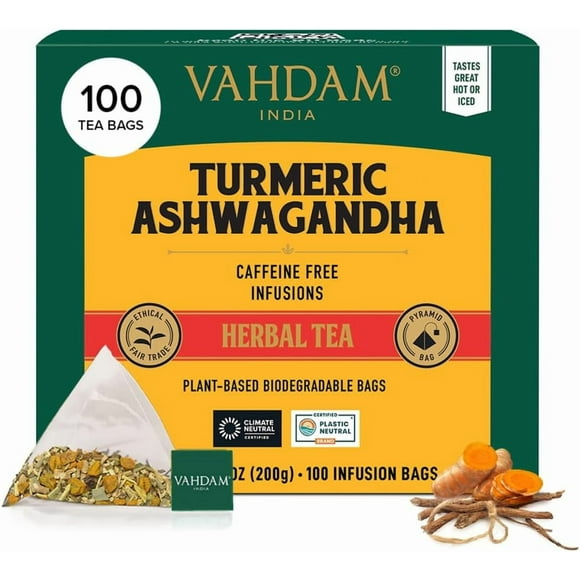 VAHDAM, Turmeric Ashwagandha Herbal Tea Bags (100 Count) Caffeine Free, Non GMO, Gluten Free | 100% Pure Herbal Blend - Sweet & Earthy | Whole Loose-Leaf Tea Bags | Resealable Ziplock Pouch