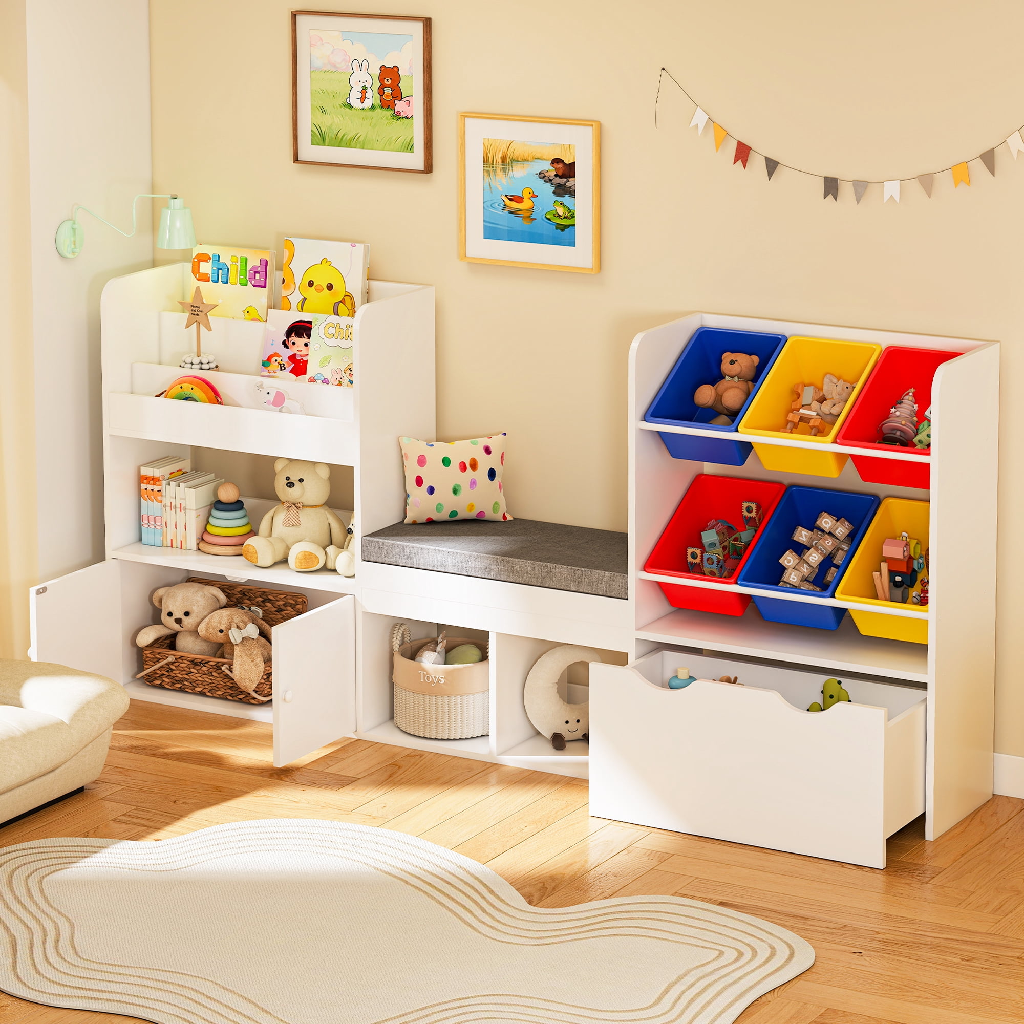 Reasea Kids Bookshelf with Reading Nook & Storage Bench, 73 Inch Toy Organizer with Movable Drawer & 6 Removable Bins, Montessori Reading Corner Furniture(Colorful Toy Bins)