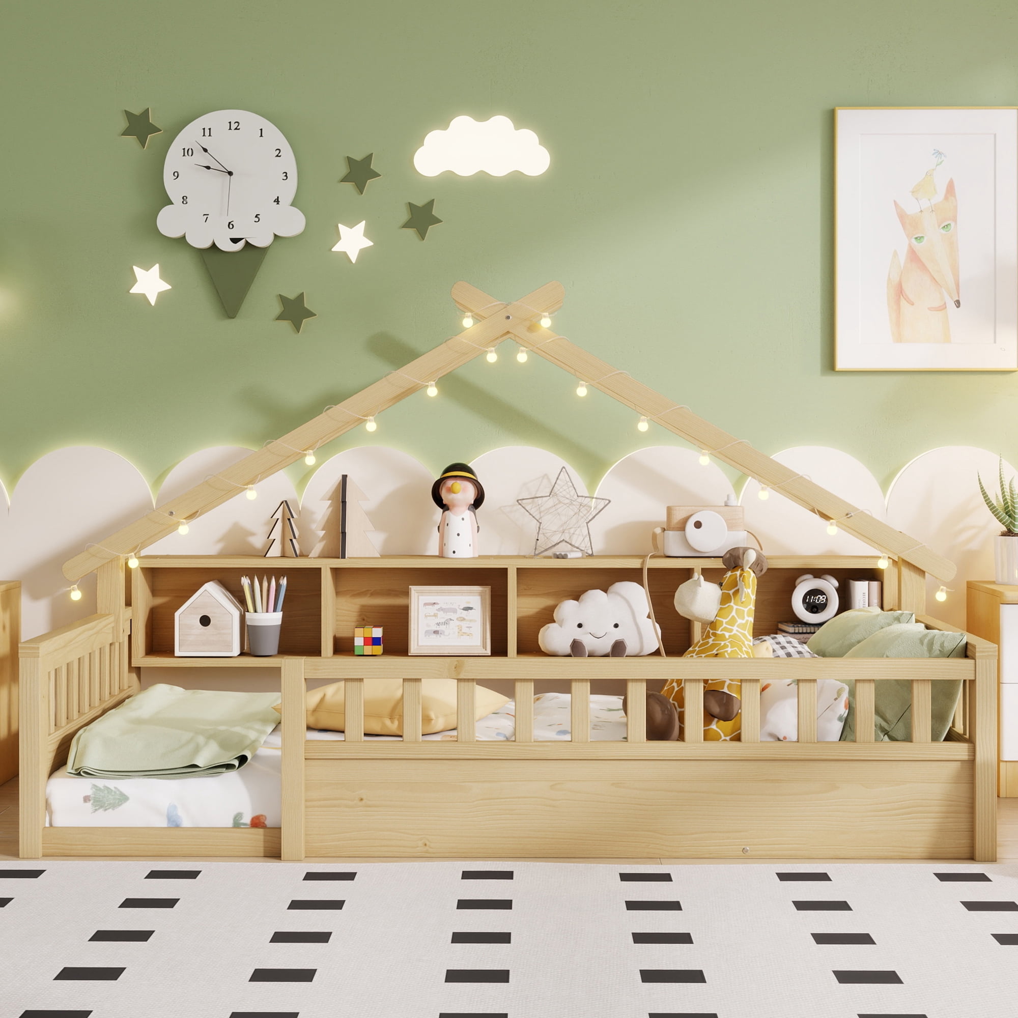 Mirightone Twin Size Montessori Floor Bed with LED Light, Storage Bookcase & Safety Rail, Solid Pine Wood  House Floor Bed, No Box Spring Needed(Natural)