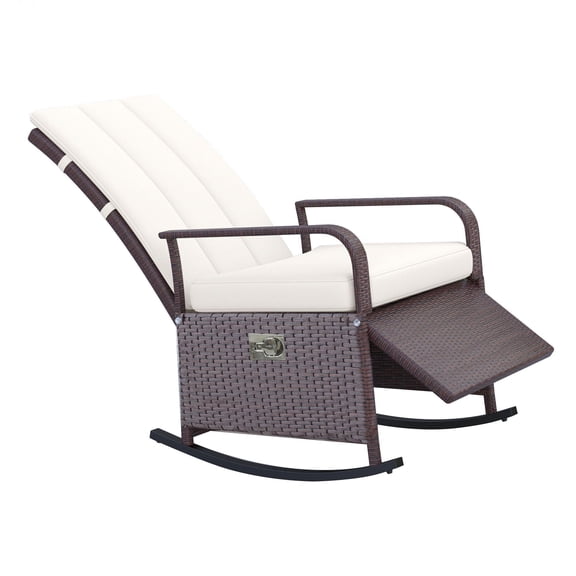 Rattan Wicker Rocking Chair Outdoor Patio Recliner with Adjustable Footrest and Cream Soft Cushion