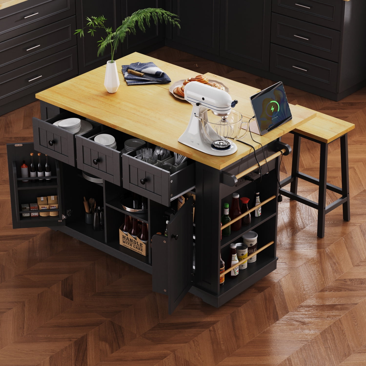 Harper & Bright Designs Large Kitchen Island with 2 Bar Stools and Power Outlet, Kitchen Storage Cart on 5 Wheels with Drop Leaf and Door Internal Storage Rack & 3 Drawers, Black