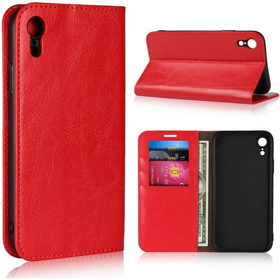 iPhone XR Wallet Case,Premium Leather Folio Flip Case Cover Book Design with Kickstand Feature with Card Slots/Cash Compartment for iPhone XR - Red
