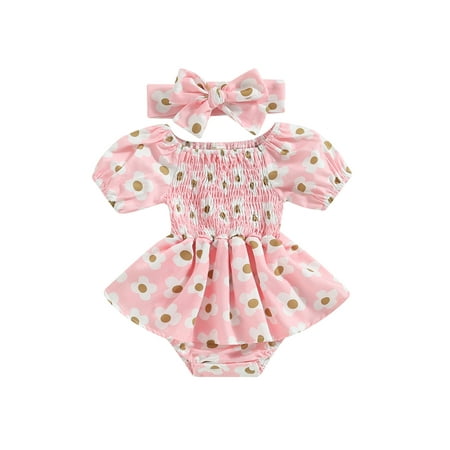 

Lamuusaa Baby Girl 2Pcs Summer Outfits Off Shoulder Short Sleeve Floral Romper Dress with Headband