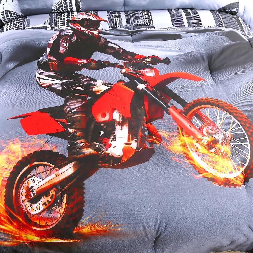 Vichonne Dirt Bike Comforter Sets Twin Size Racing Motocross Sports Extreme Theme Bedding Sets for Boys