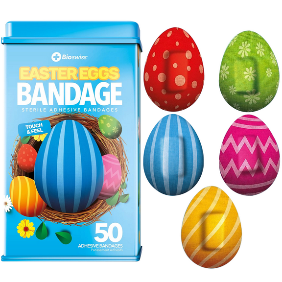 BioSwiss Bandages, Easter Egg Shaped Self Adhesive Bandage, Latex Free Sterile Wound Care, Fun First Aid Kit Supplies for Kids and Adults, 50 Count