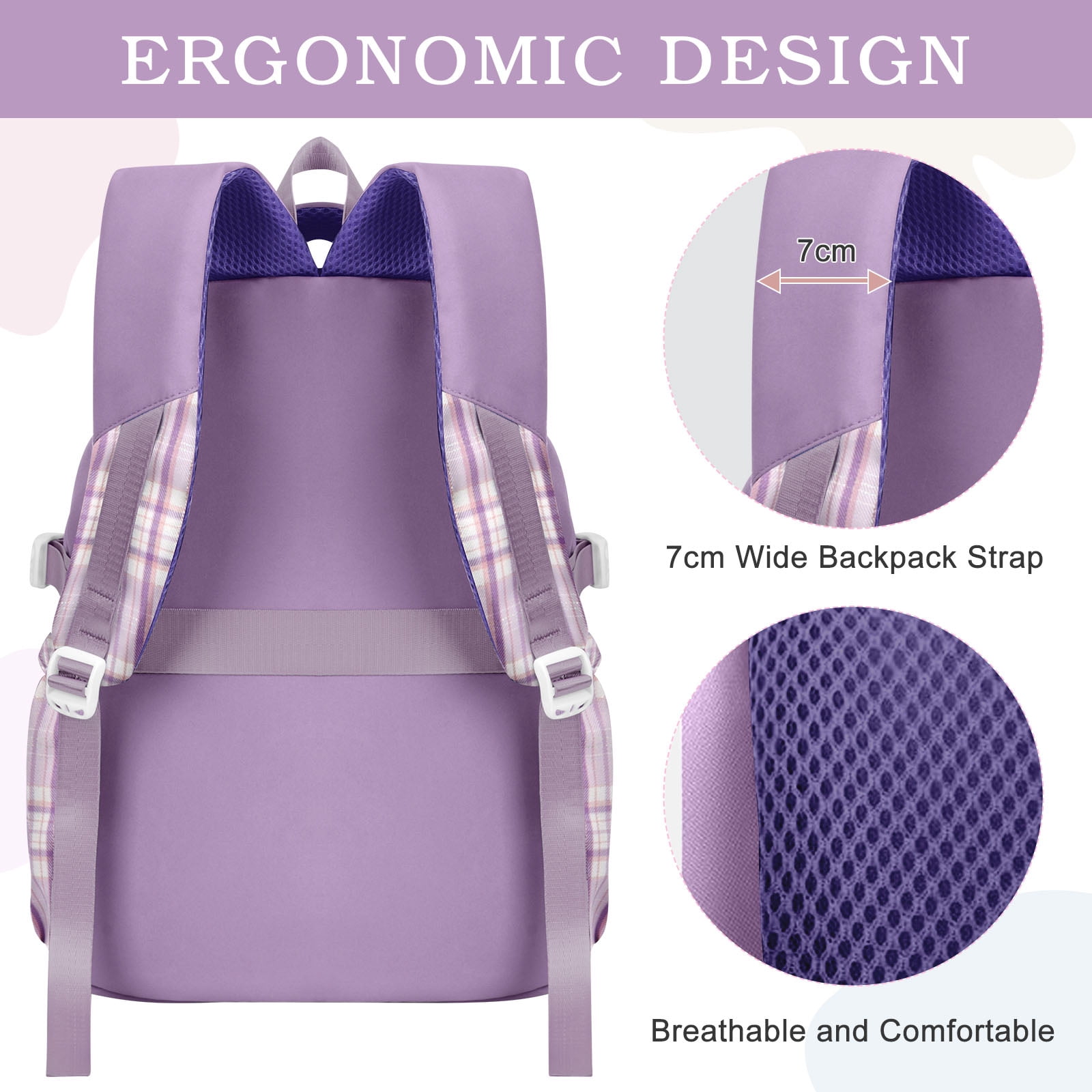 DAKIMOE Purple School Backpack for School, Travel, Work, Large Capacity Waterproof Bookbag with 7 Compartments and Luggage Belt