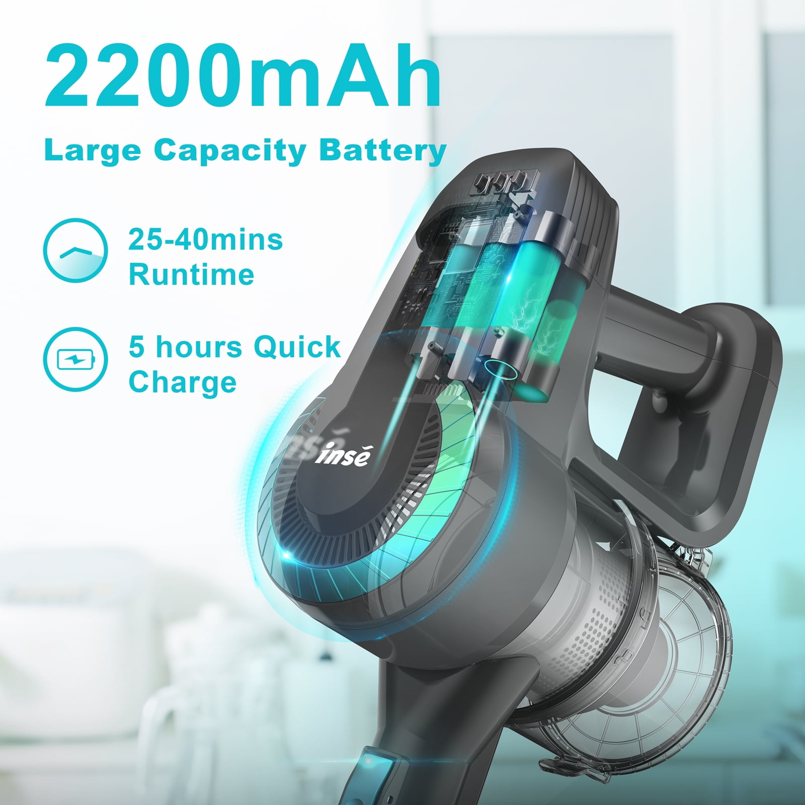 INSE Cordless Vacuum Cleaner,Ultra-Lightweight,LED Headlights,Removable Handheld Vacuum for Pet Hair Carpet Hardfloors,N3P Green