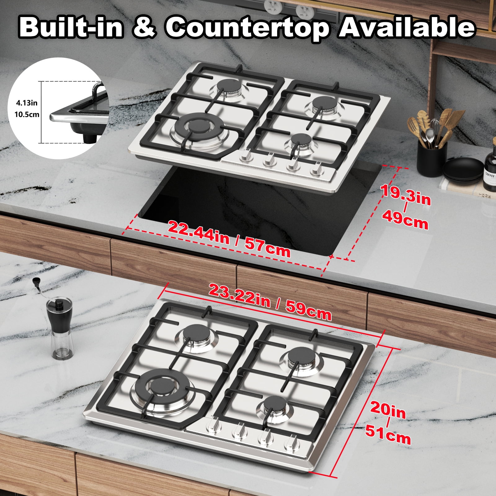 GRACEALL 24-Inch Gas Stove Cooktop, NG/LPG Convertible, 4 Burners, Pre-Installed Propane Nozzles
