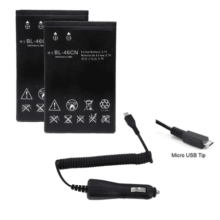 World Star™ Standard Replacement 2X Battery BL-46CN 900mAh for LG Cosmos 2 / 3 Exalt WINE 2 / 3 with MicroUSB Car Charger in Non-Retail Pack with 2-Year Limited (Best Car Battery Replacement Warranty)