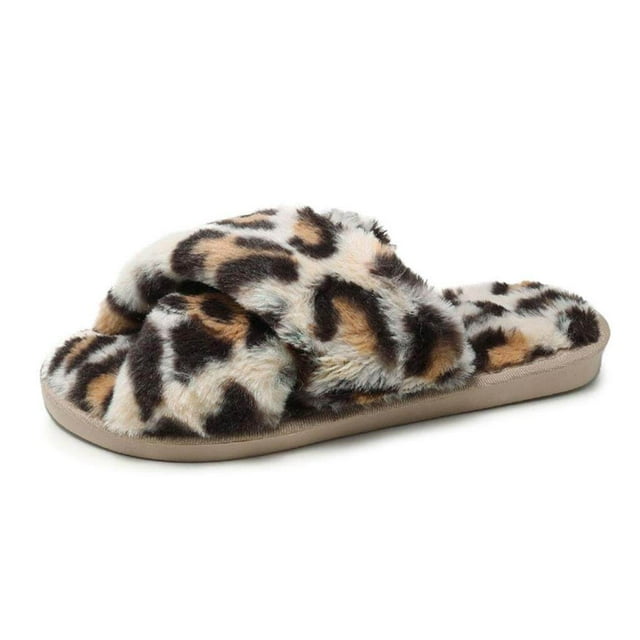Womens Cross Band Soft Leopard Plush Slippers Furry Slippers Open Toe Shoes Slides for Indoor Outdoor
