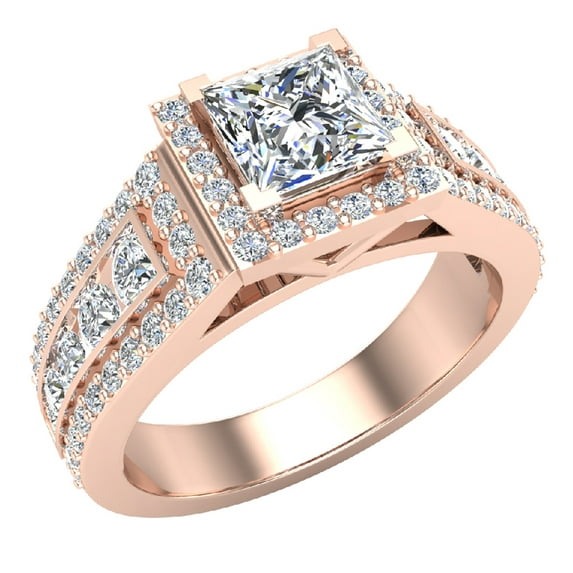 Princess Cut Diamond Engagement Ring for Women Halo Rings 18K Rose Gold 1.80 carat (G,SI)