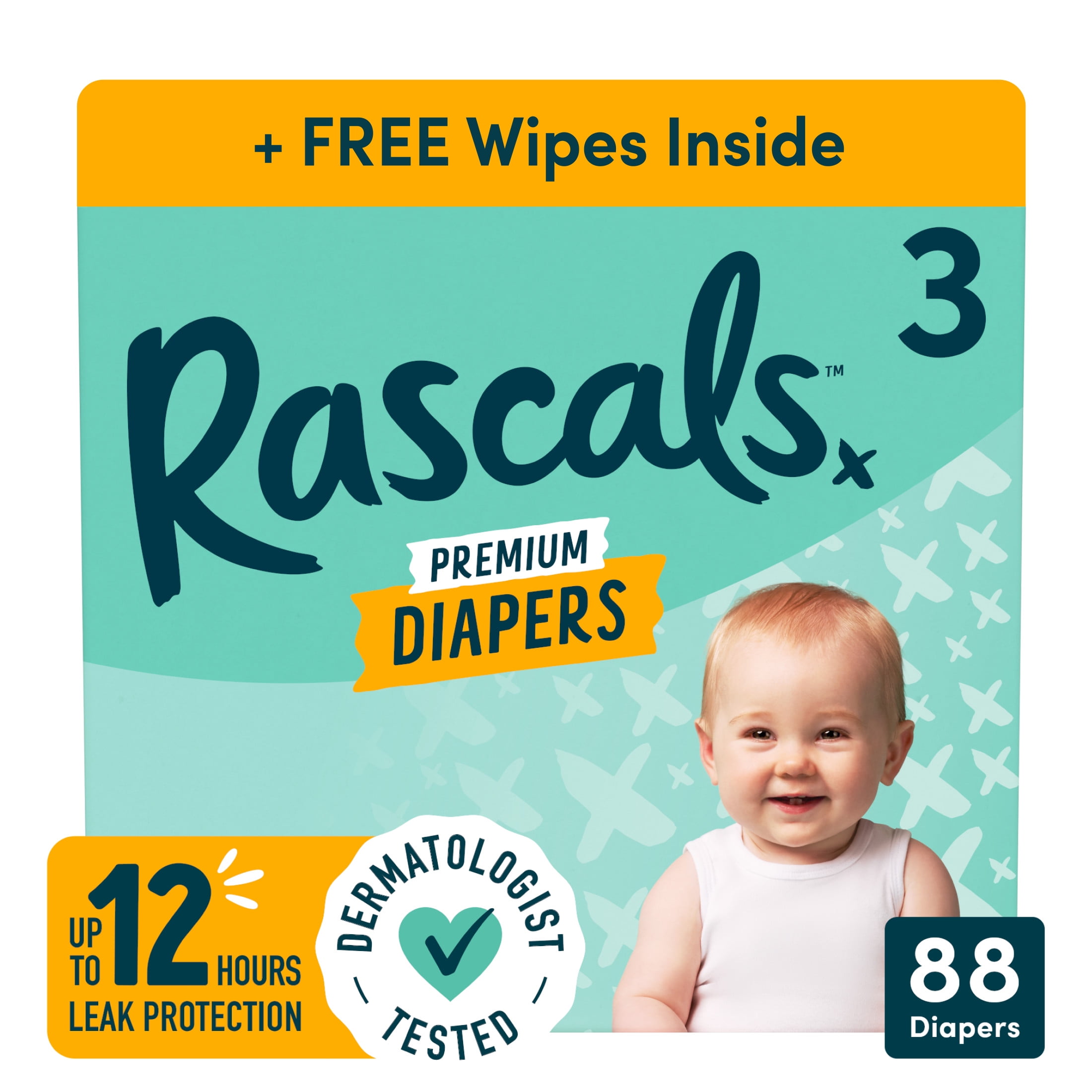 rascals premium absorbent baby diapers size 3 88 count with 5 sensitive infant wipes