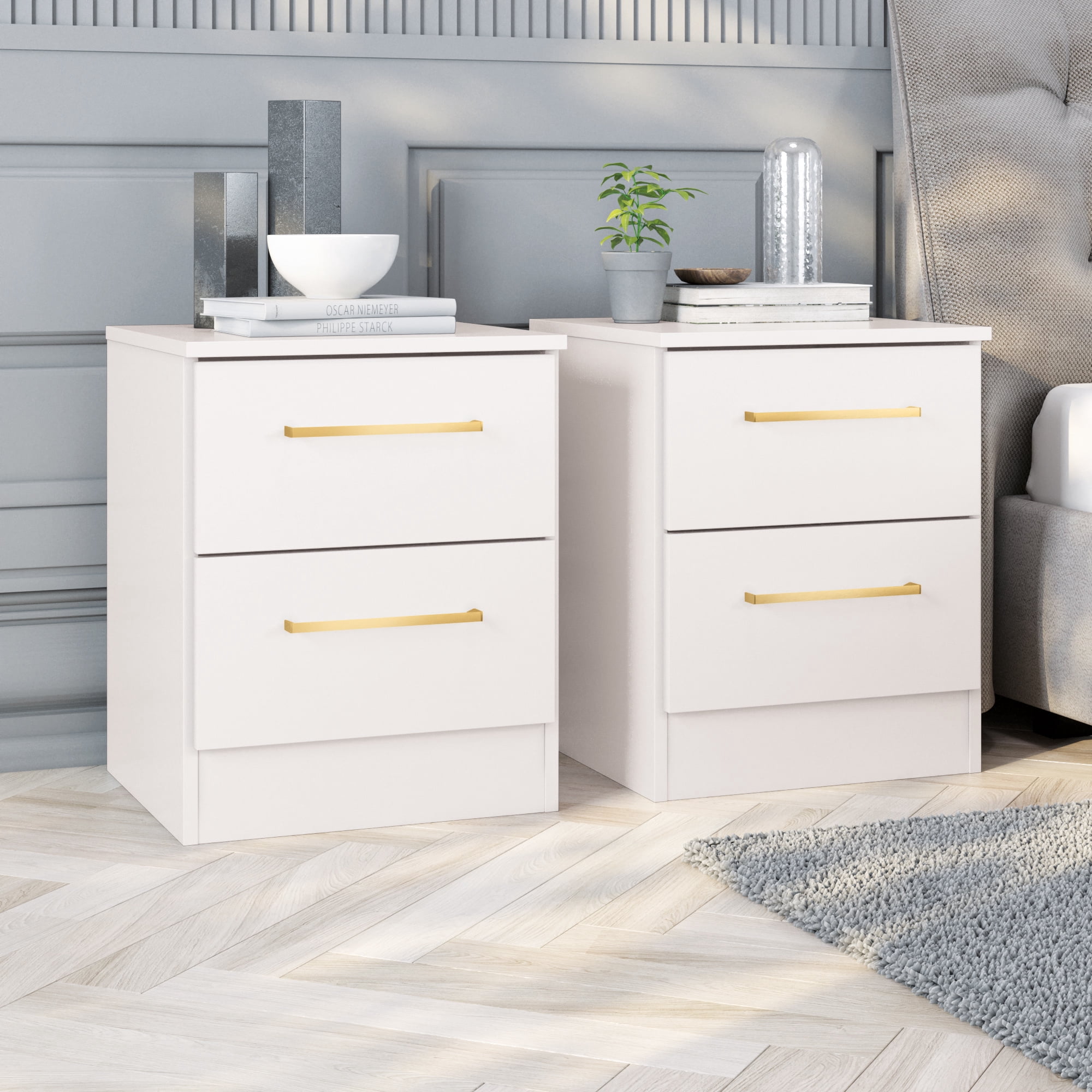 Kappesberg Jolyne 2-Drawer Nightstand Set of 2 with Gold Handles, White – Modern Bedroom Storage for Adults and Teens