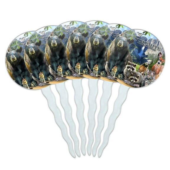 Yosemite National Park California CA Animals Bear Raccoons Beaver Chipmunks Cupcake Picks Toppers Decoration Set of 6