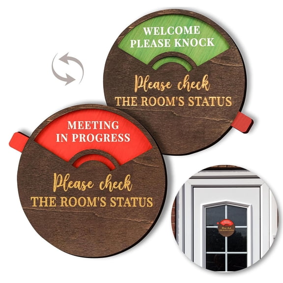 Dserhfy Rotatable Wooden Office Door Sign Meeting in Progress Office Door Busy Sign Welcome Please Knock Meeting Room Door Plaque Decoration