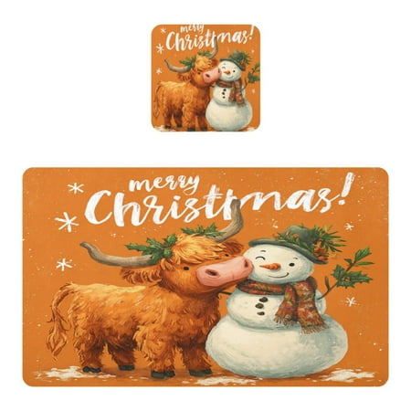 Square Leather Placemat Set One SizeX1 Heat-Resistant Washable Kitchen Table Decorations Christmas Snowman and Cute Yak
