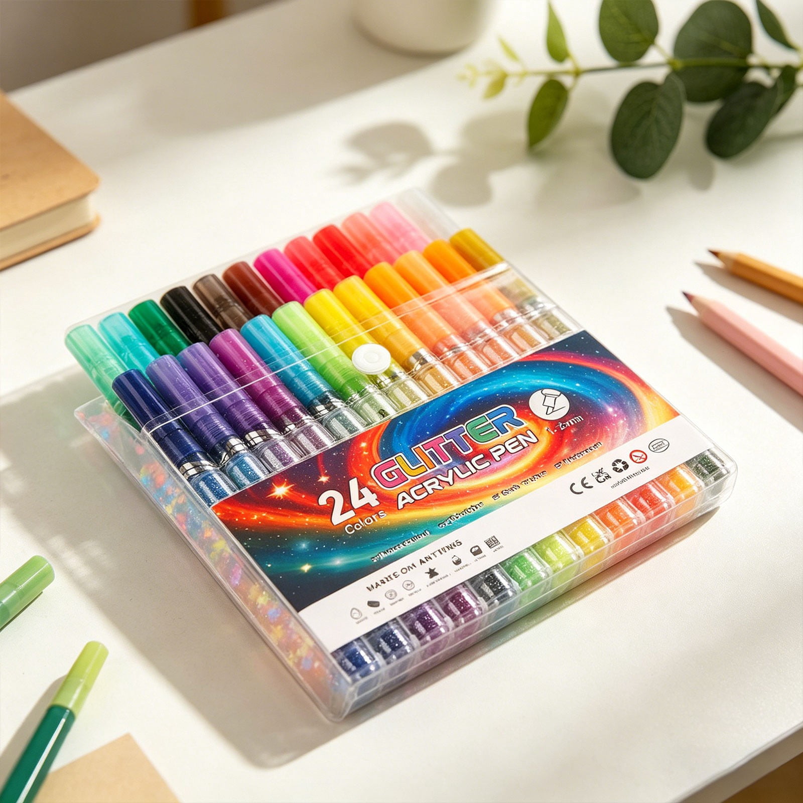 Glitter Acrylic Paint Pens - Water Based Markers 1-2mm Tips for Painting, Journaling, DIY Crafts & Rock Painting - 24 Color Set