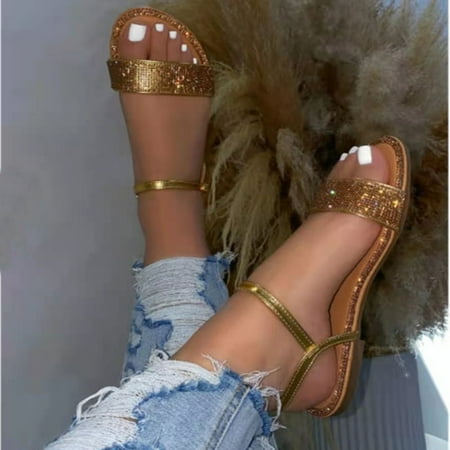 

Sandals Women Women S Summer Flat Round Toe Sandals Outdoor Casual Crystal Buckle Strap Shoes Womens Sandals Pu Gold 37