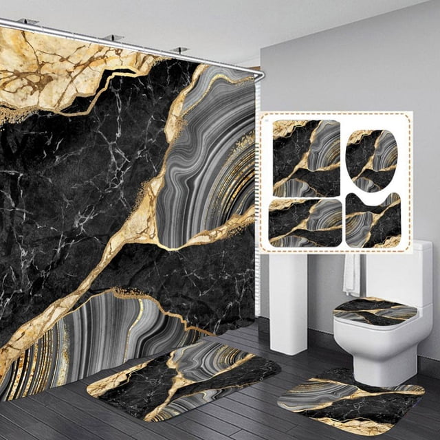 Aosijia 4 Pcs Marble Shower Curtain Sets Bathroom Sets with Shower Curtain and Rugs and Accessories Rug Toilet Lid Cover and Non-Slip U Shape Mat Waterproof Shower Curtain with 12 Hooks