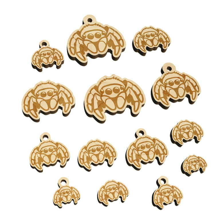 Cute Jumping Spider Wood Mini Charms Shapes DIY Craft Jewelry - With Hole -  Various Sizes (16pcs) 