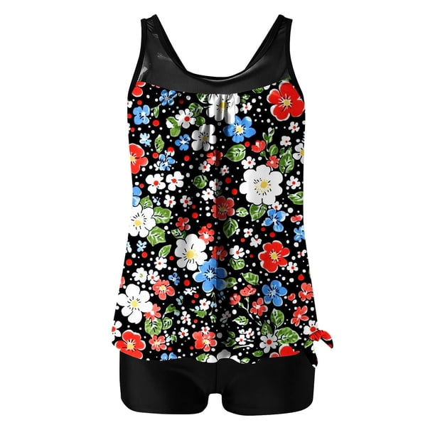 Traje de Baño de Mujer con Pantalones Cortos Torso Largo Cintura Alta Dos Piezas, Traje de Baño Impreso Conservador para el Verano de la Playa